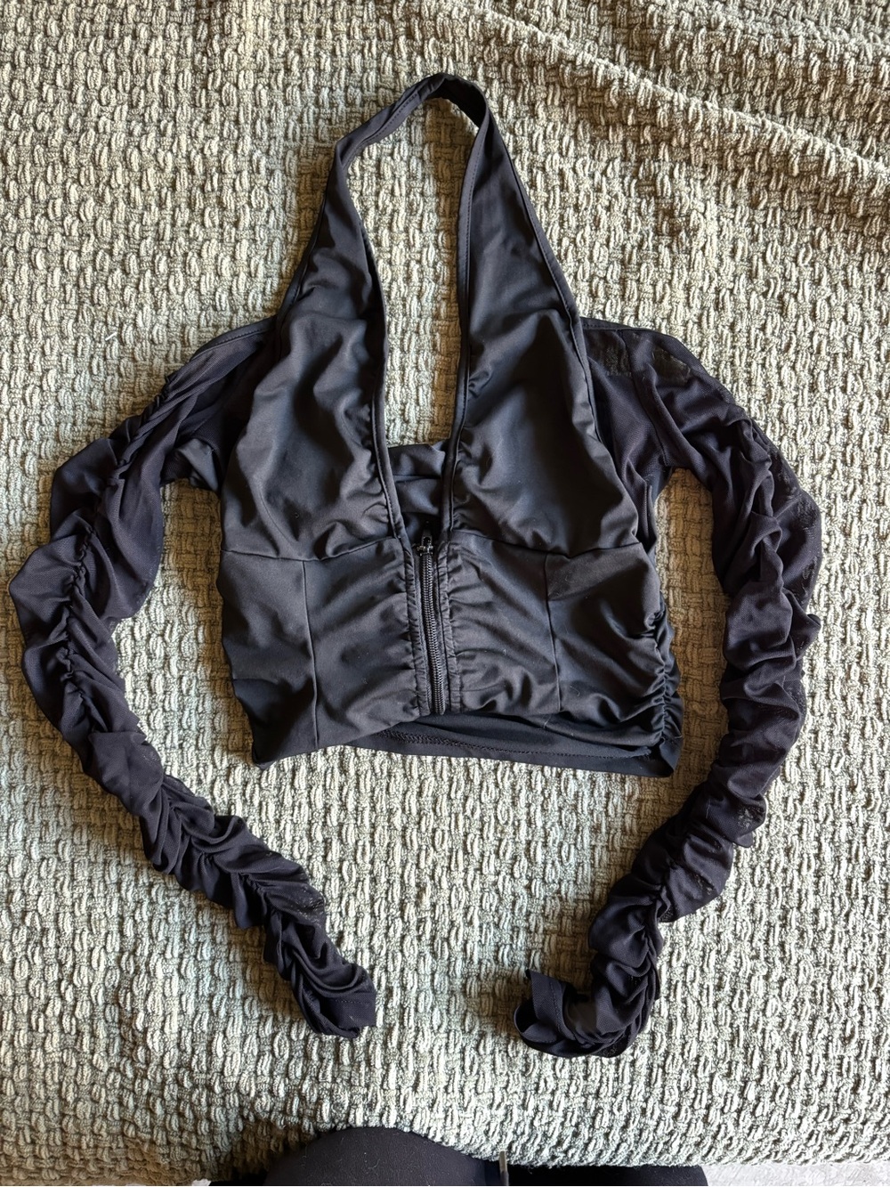 Black Ruched Halter Zip-Front Crop Top